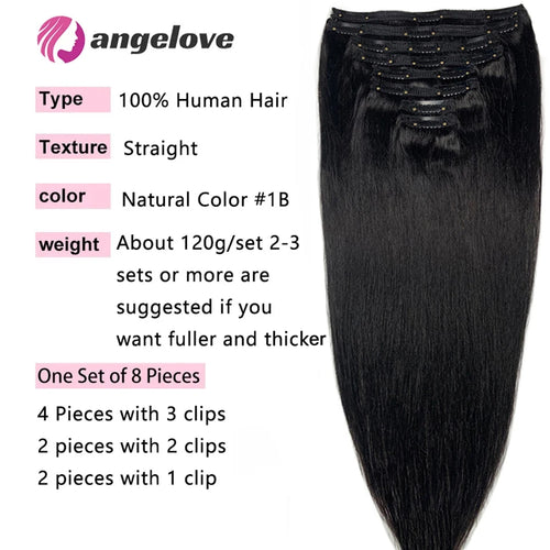 Extensions Clip-In Lisse Cheveux Brésiliens Remy 120g — 8 Pièces Tête Complète Noir Naturel