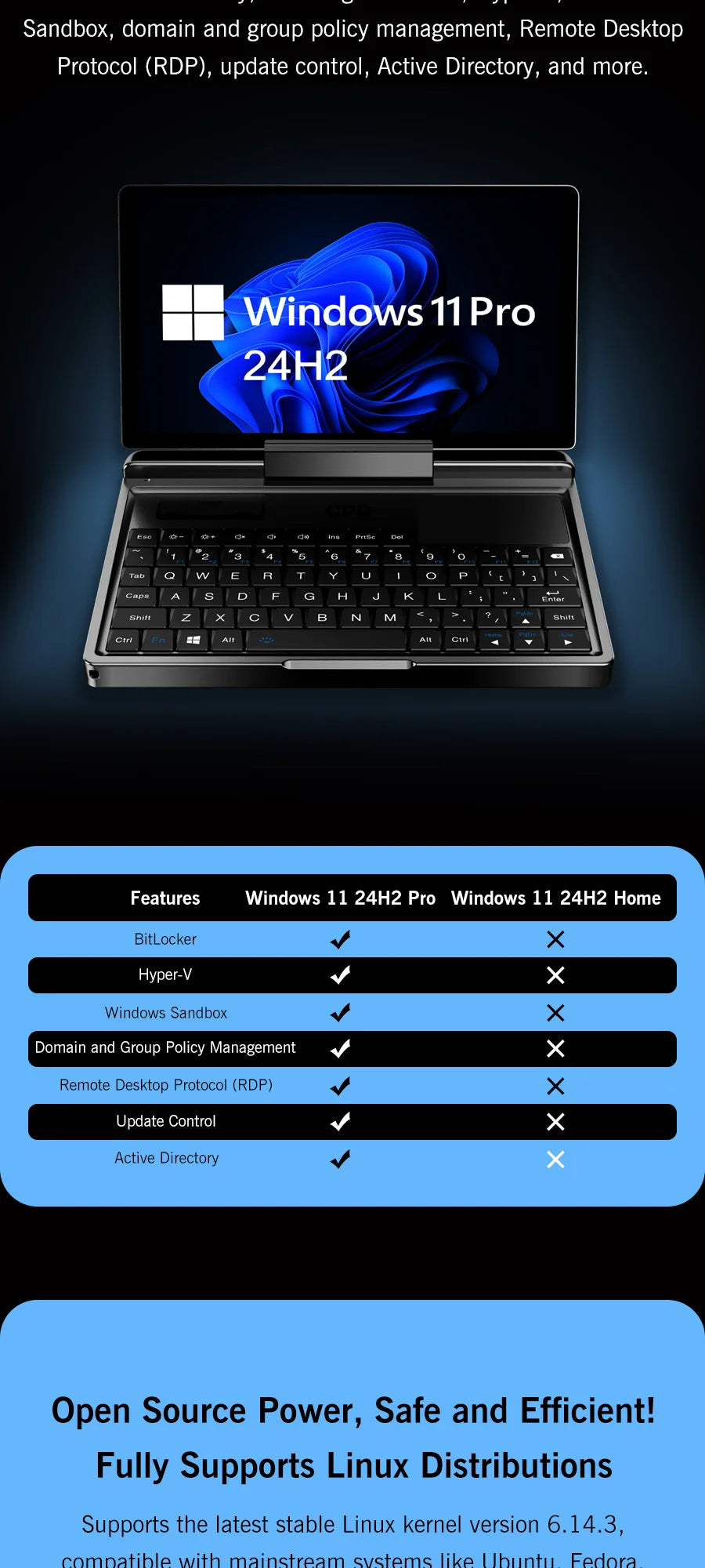 Mini PC Portable GPD MicroPC 2 — Intel Core i3-N350, 16 Go RAM, 512 Go SSD, Écran 7", Windows 11
