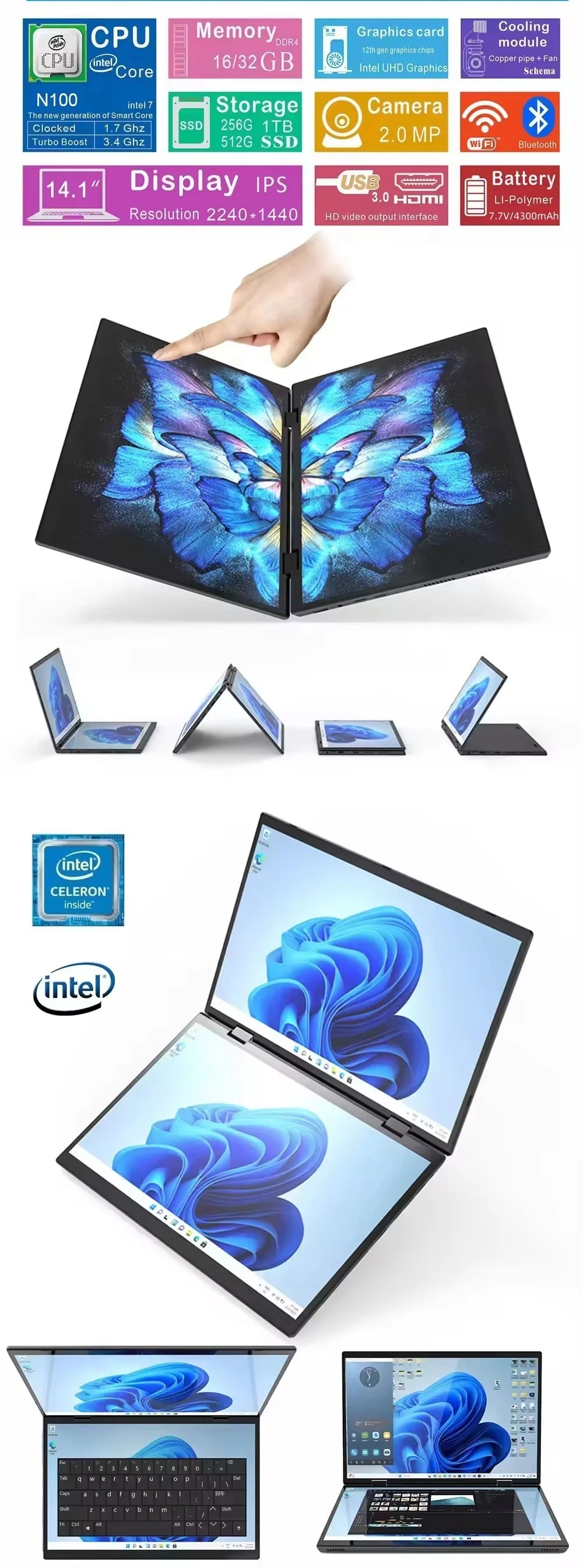 PC Portable Double Écran 14" — Intel N100, 16 Go RAM, 128 Go à 1 To SSD, Écran Tactile, Windows 11