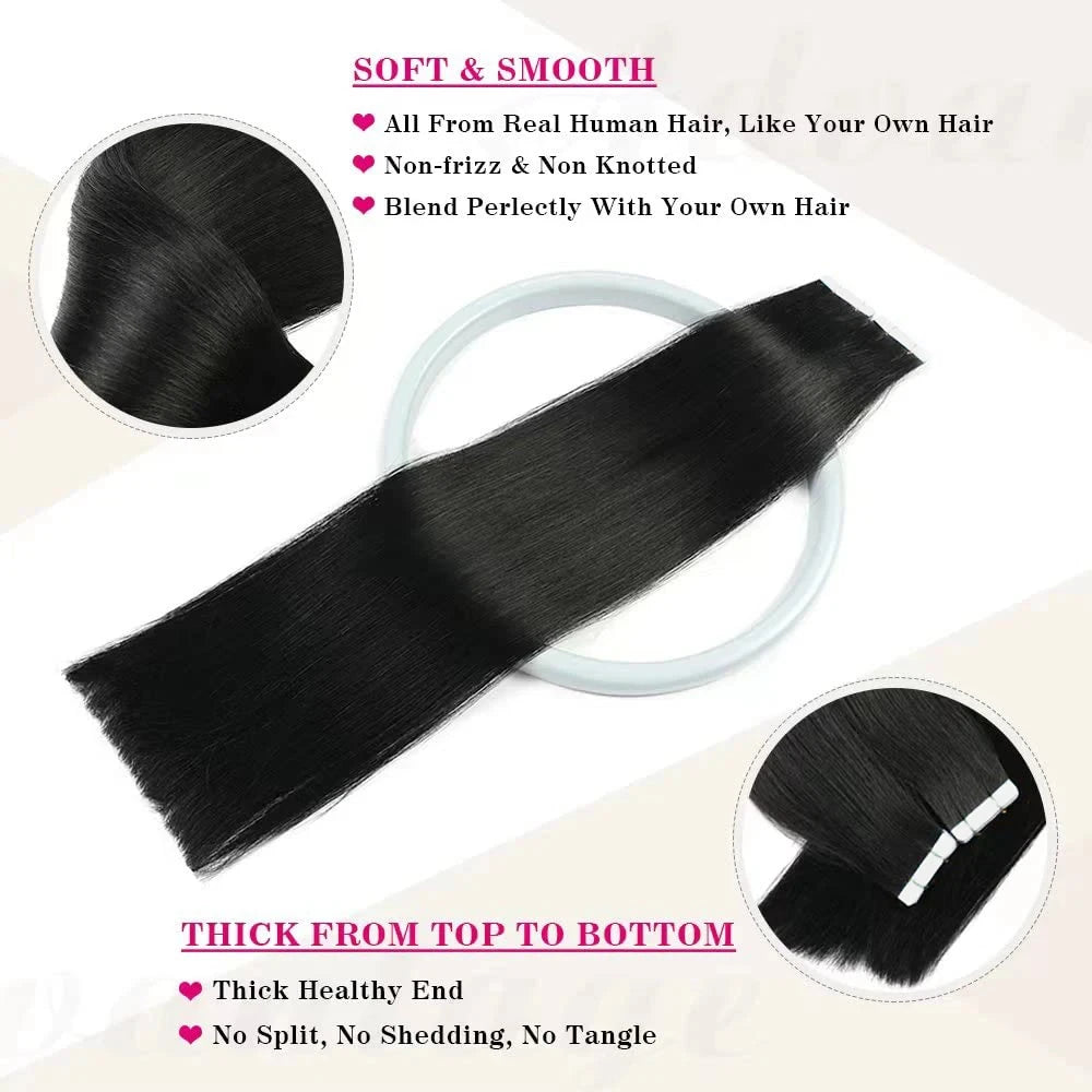 Extensions Tape-In Cheveux Humains Remy Lisse — 20 Pièces Seamless Skin Weft Noir Naturel