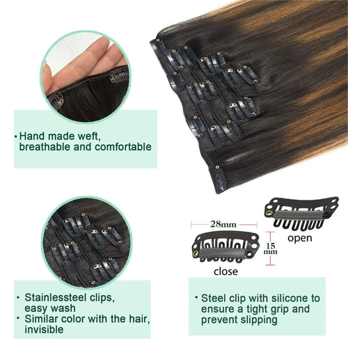 Extensions Clip-In Cheveux Humains Remy — Balayage Brun Naturel, Miel & Ombré 14 à 22 Pouces
