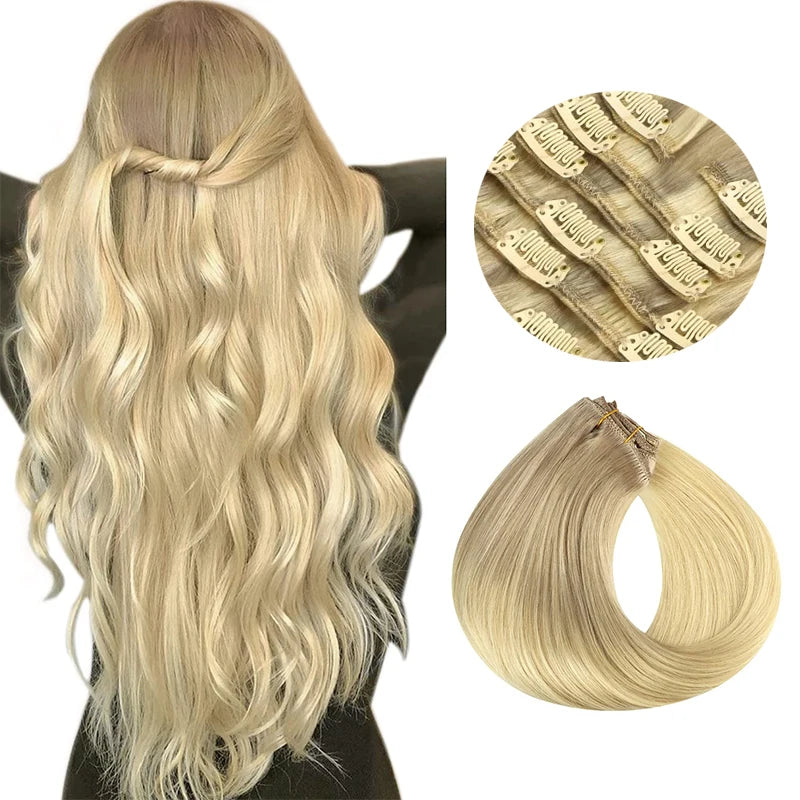 Extensions Clip-In Cheveux Humains Remy — Balayage Brun Naturel, Miel & Ombré 14 à 22 Pouces