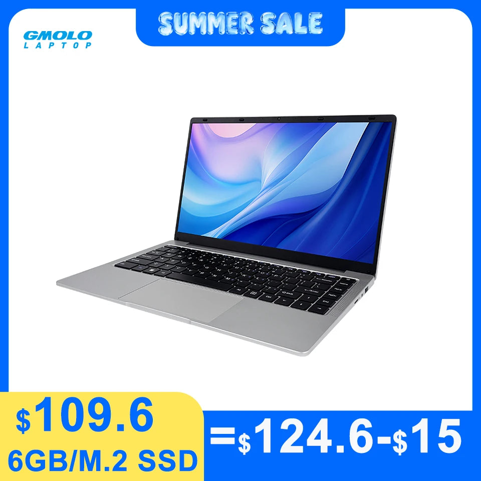 Ordinateur Portable Étudiant GMOLO 14" — Intel Celeron N3350, 4/6 Go RAM, SSD 64Goà 512Go, WiFi, Bluetooth, Windows 10