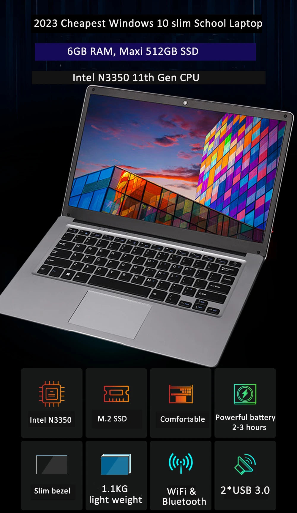 Ordinateur Portable Étudiant GMOLO 14" — Intel Celeron N3350, 4/6 Go RAM, SSD 64Goà 512Go, WiFi, Bluetooth, Windows 10