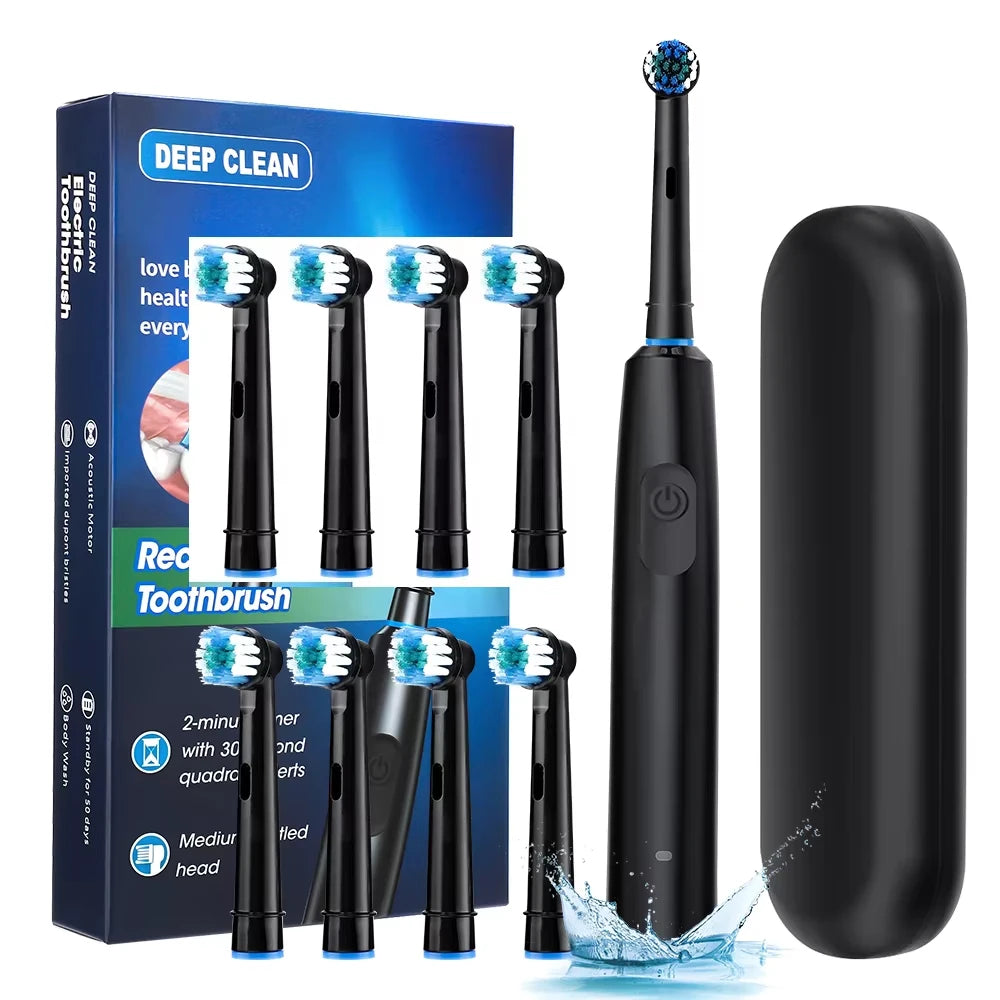 Brosse à Dents Électrique Rotative – Nettoyage Profond, Rechargeable, 8 Têtes Incluses