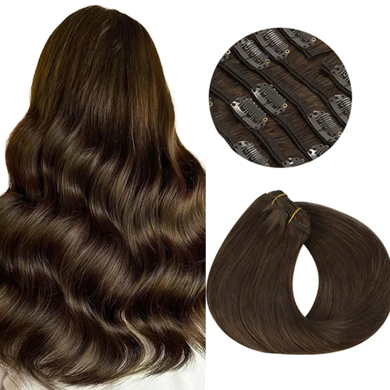 Extensions Clip-In Cheveux Humains Remy — Balayage Brun Naturel, Miel & Ombré 14 à 22 Pouces