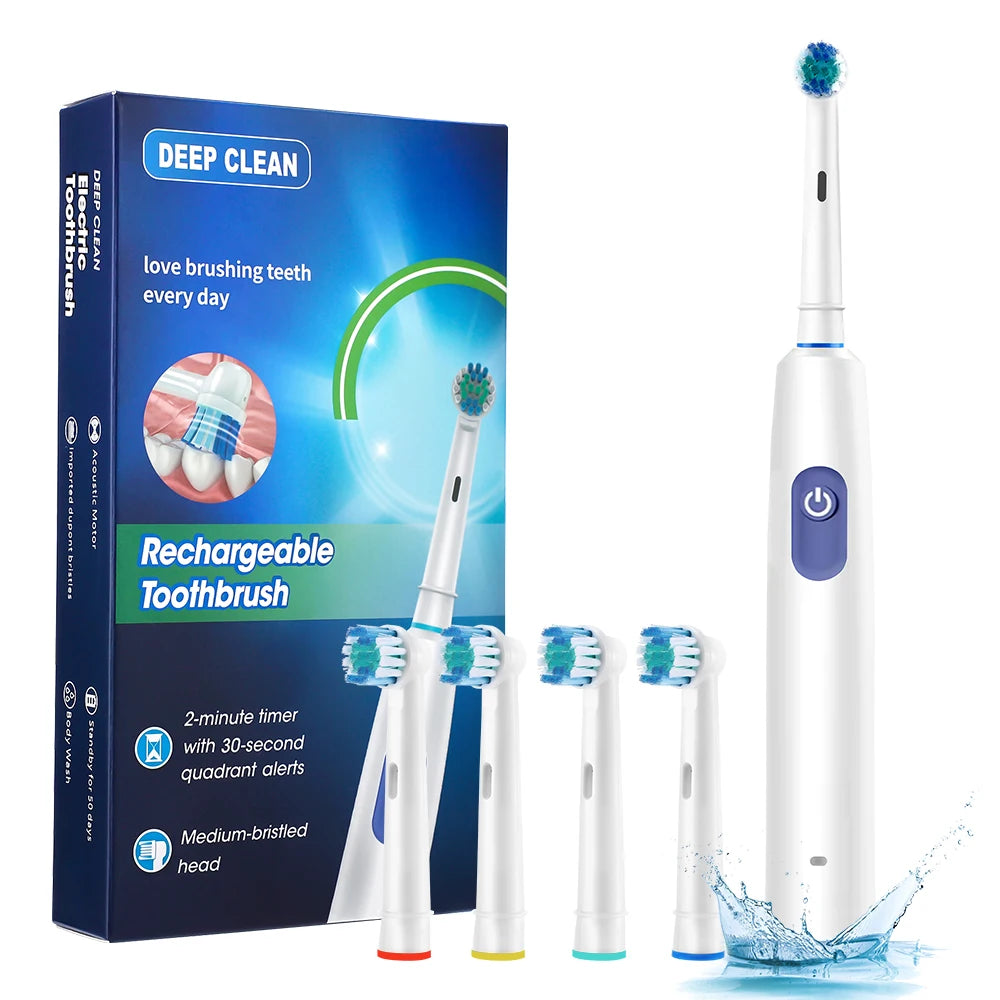 Brosse à Dents Électrique Rotative – Nettoyage Profond, Rechargeable, 8 Têtes Incluses