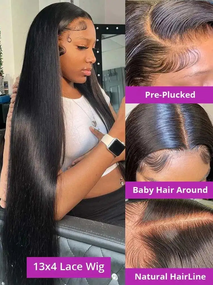 Perruque Lisse Bone Straight 250% Sans Colle — Lace Front HD 13x6 Cheveux Brésiliens 40 à 42 Pouces