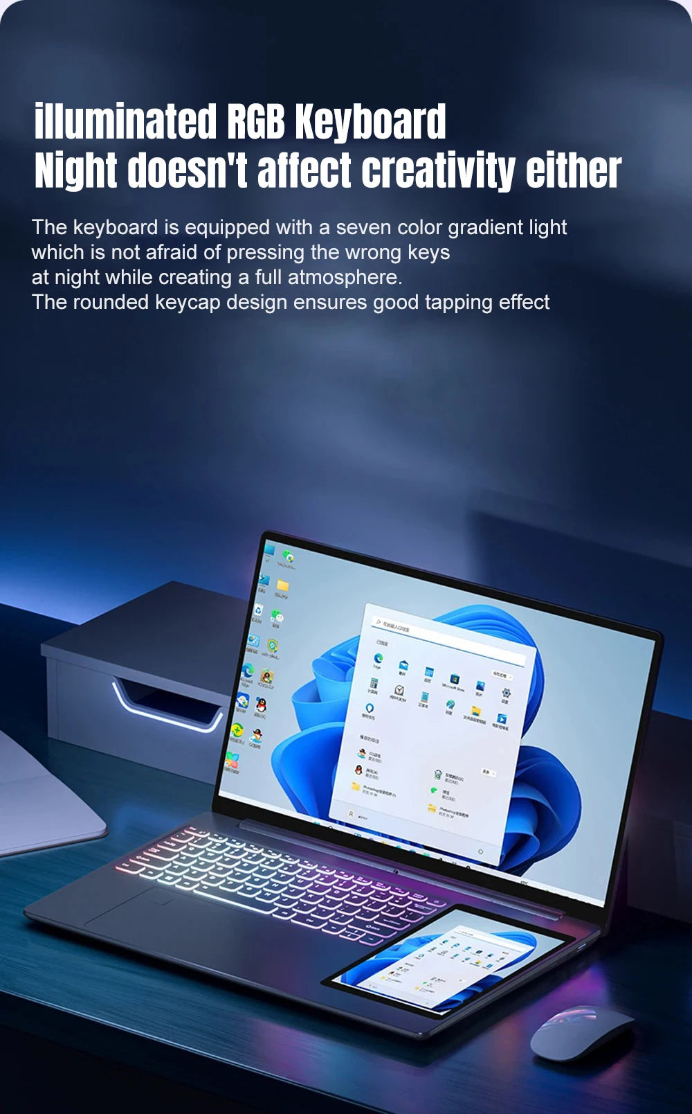 Ordinateur Portable CRELANDER 15.6" Double Écran — Intel N100, 16/32 Go RAM, SSD 1To/2To, Clavier RGB, Windows 11