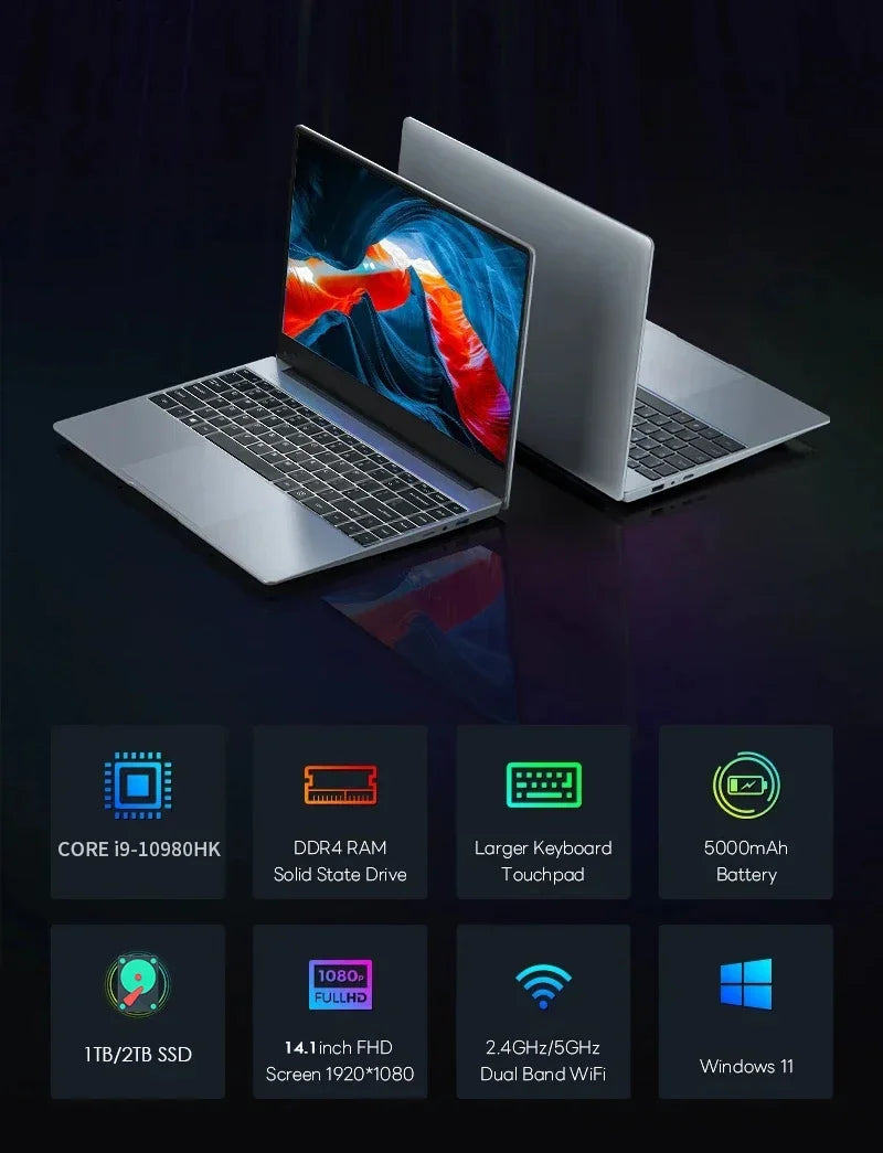 Ordinateur Portable 14.1" FUCHU — Intel Core i9-10980HK, 16 Go DDR4, SSD 1To/2To, Full HD, Windows 11