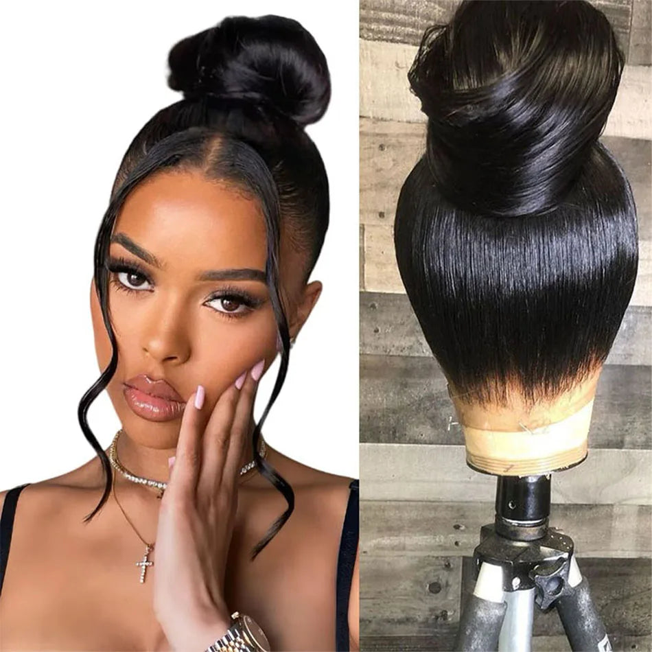 Perruque Lisse Sans Colle 360 Lace Front HD 5x5 — Cheveux Brésiliens Noir Naturel 30 Pouces Pré-Épilée