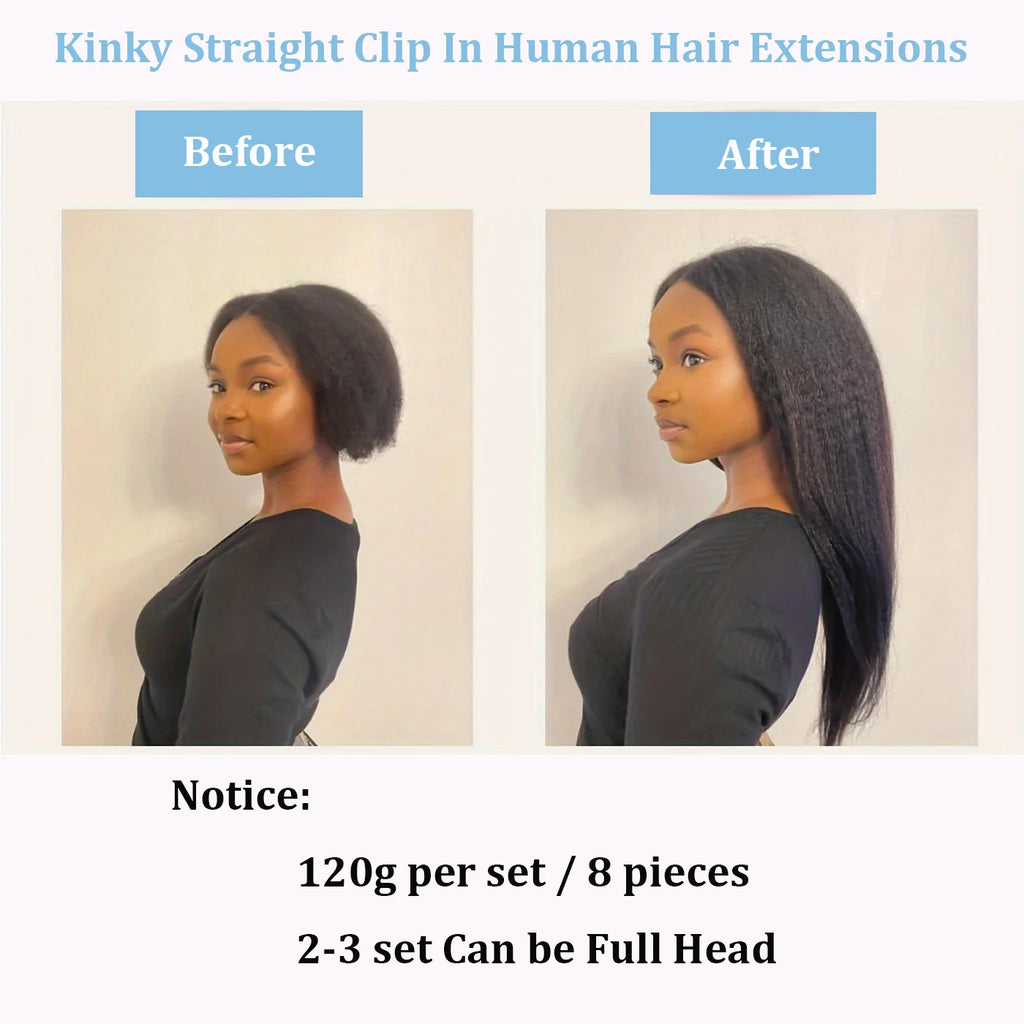 Extensions Clip-In Kinky Straight Cheveux Brésiliens Remy 120g — 8 Pièces Tête Complète Toutes Couleurs