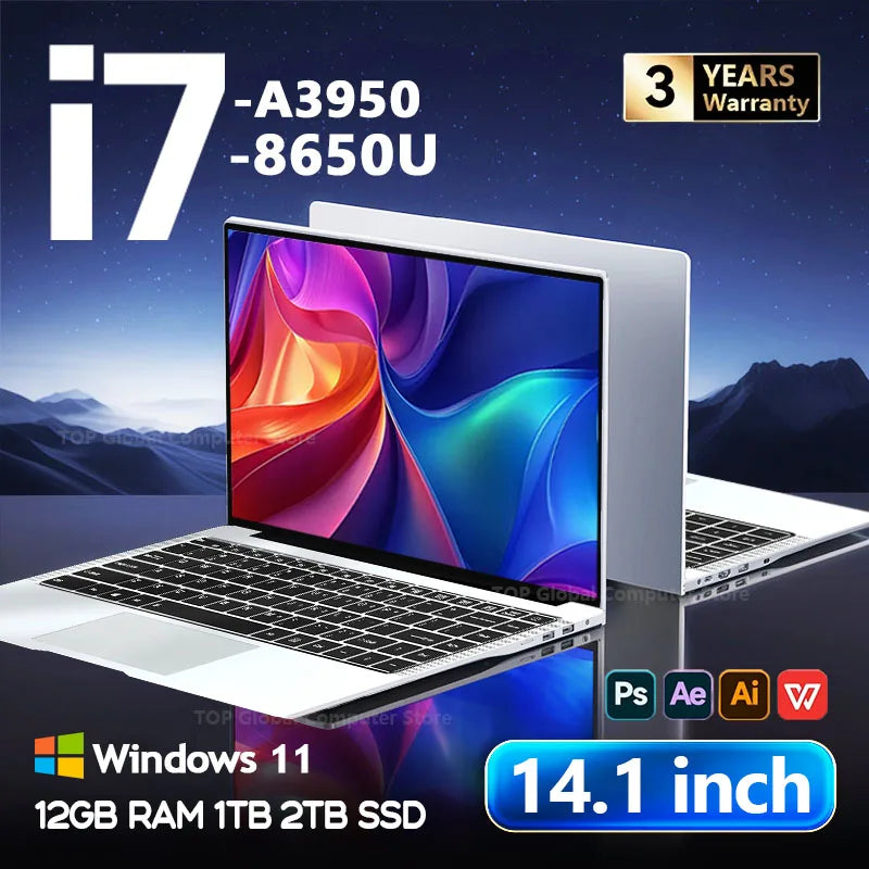 Ordinateur Portable 2026 14.1" Intel Core i7-8650U / Atom A3950 — 12 Go DDR3, SSD 1To/2To, Écran 4K, WiFi 5, Windows 11