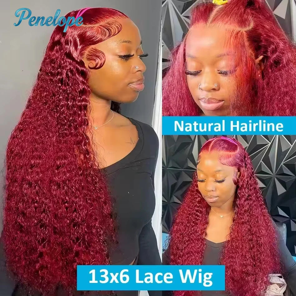 Perruque Deep Wave Bordeaux 99J 200% Sans Colle — Lace Front HD 13x4 Cheveux Brésiliens 30 à 40 Pouces
