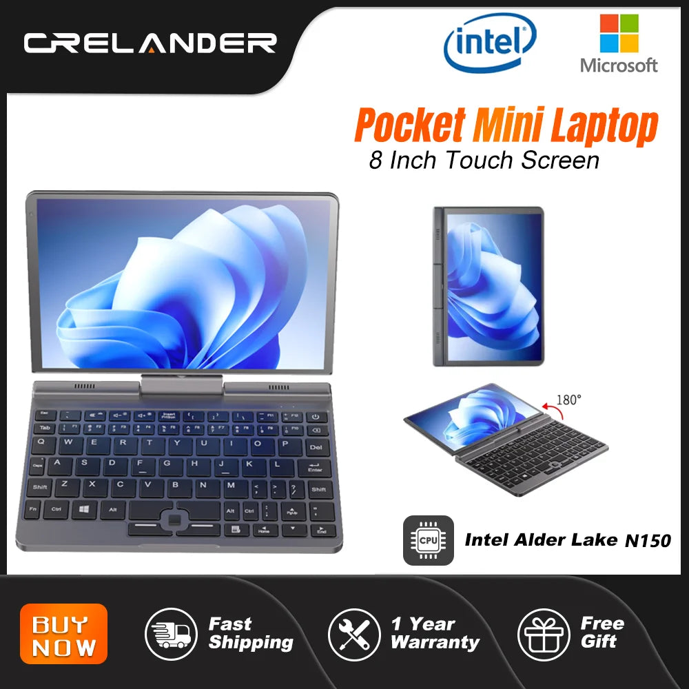 Mini Laptop Tactile CRELANDER P8 8" — Intel N150 12ème Gén, 12 Go DDR5, SSD 1To, Rotatif 360°, WiFi 6, Windows 11