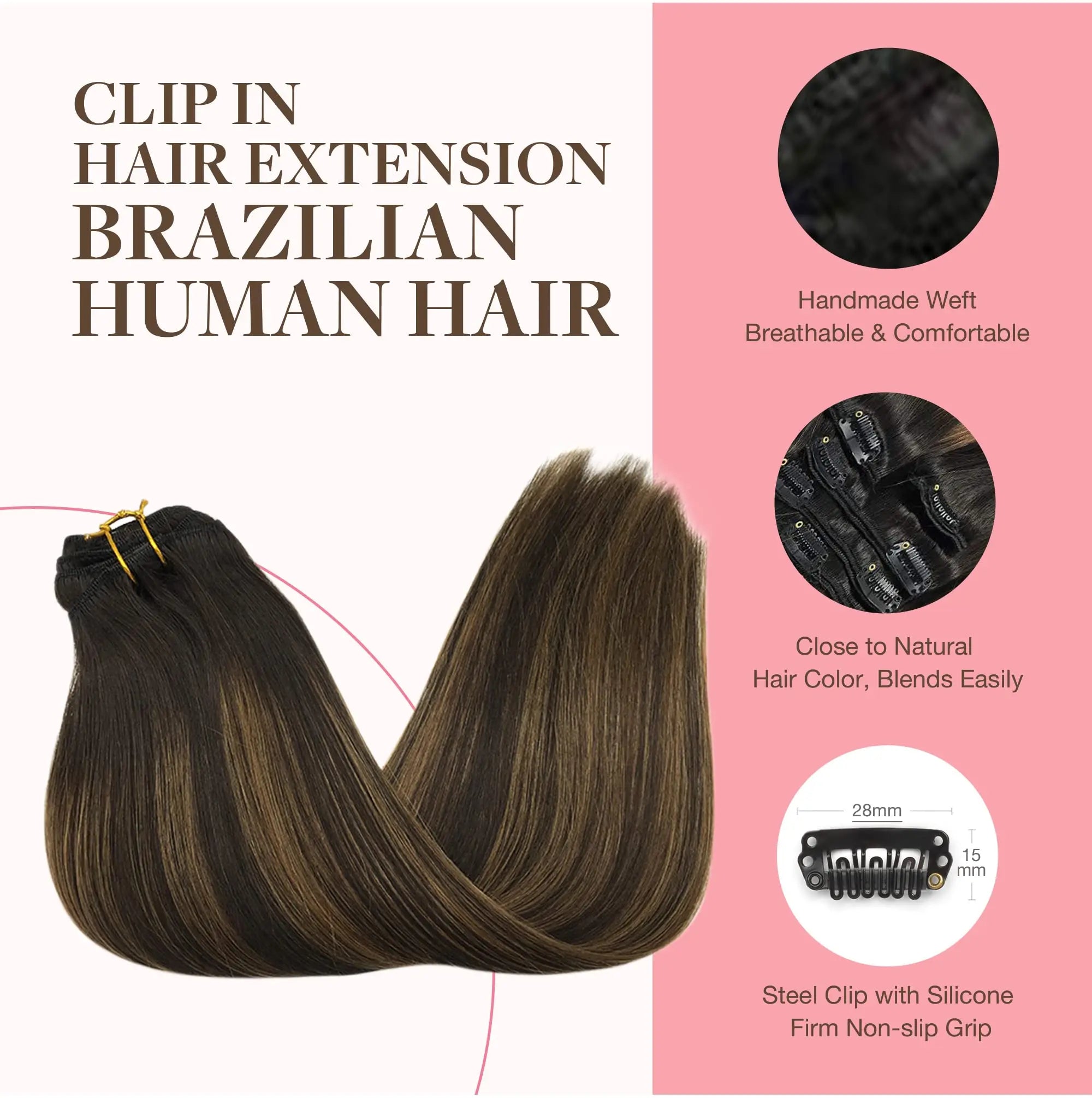 Extensions Clip-In Cheveux Humains Remy — Balayage Brun Naturel, Miel & Ombré 14 à 22 Pouces