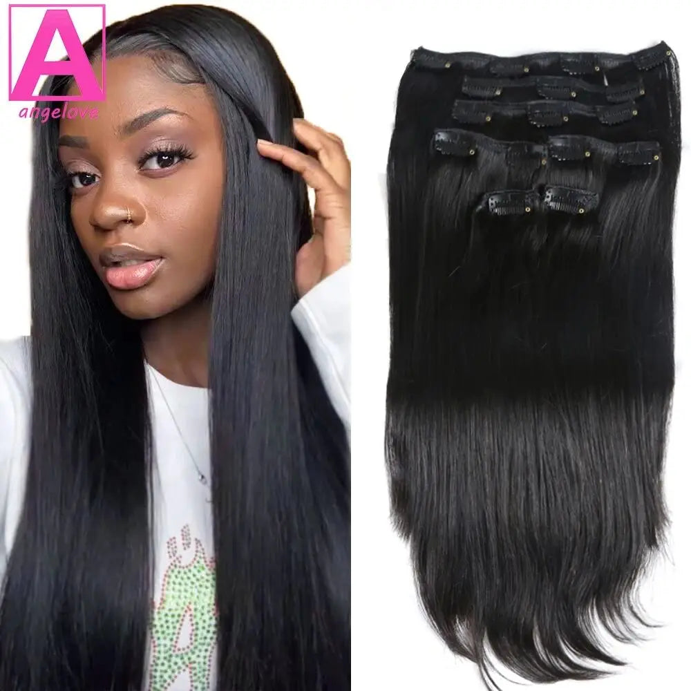 Extensions Clip-In Lisse Cheveux Brésiliens Remy 120g — 8 Pièces Tête Complète Noir Naturel