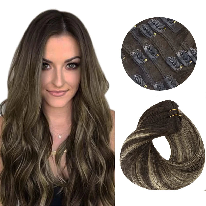 Extensions Clip-In Cheveux Humains Remy — Balayage Brun Naturel, Miel & Ombré 14 à 22 Pouces