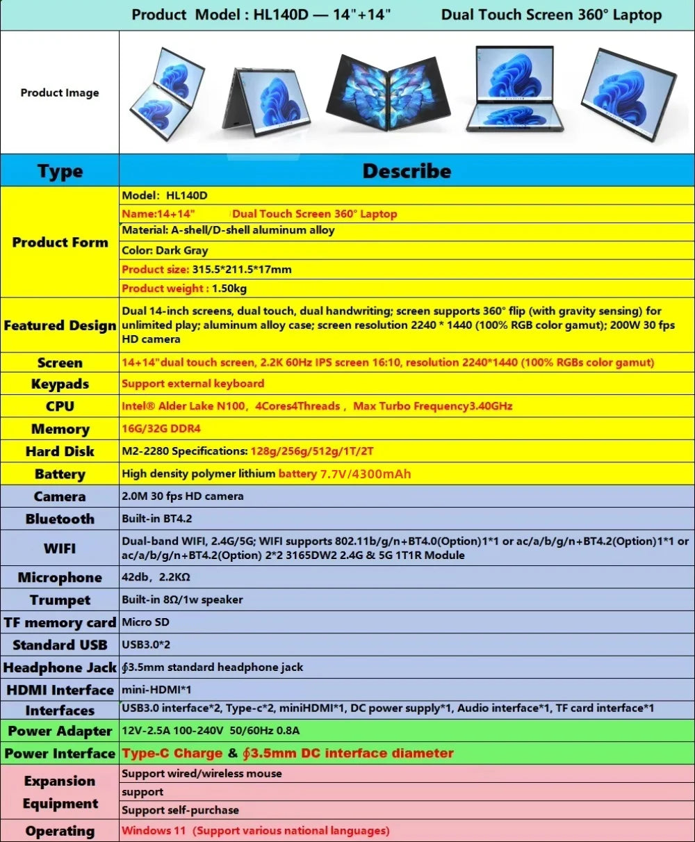 PC Portable Double Écran 14" — Intel N100, 16 Go RAM, 128 Go à 1 To SSD, Écran Tactile, Windows 11
