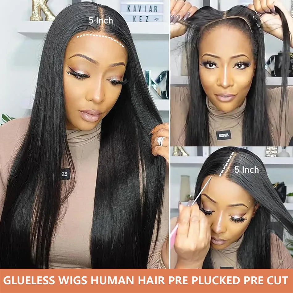 Perruque Lisse Sans Colle 360 Lace Front HD 5x5 — Cheveux Brésiliens Noir Naturel 30 Pouces Pré-Épilée