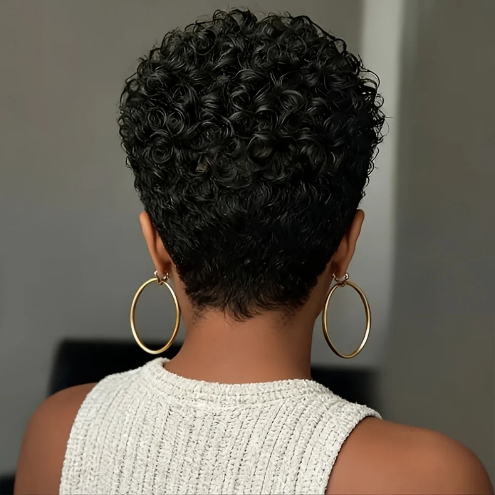 Perruque Pixie Cut Kinky Curly Courte — Cheveux Birmans Remy 6 Pouces Machine Made