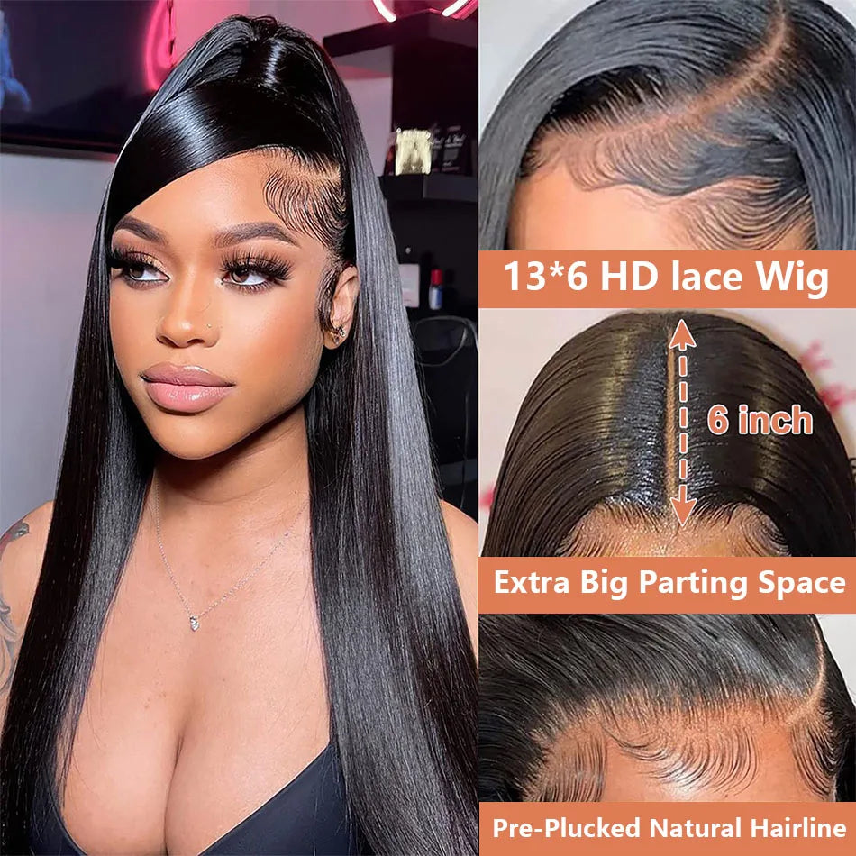 Perruque Lisse Sans Colle 360 Lace Front HD 5x5 — Cheveux Brésiliens Noir Naturel 30 Pouces Pré-Épilée