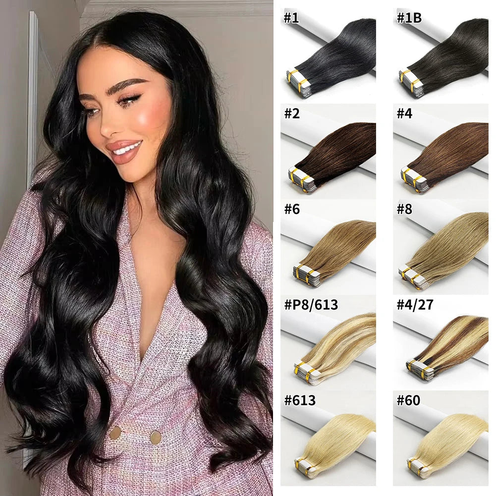 Extensions Tape-In Cheveux Humains Remy Lisse — 20 Pièces Seamless Skin Weft Noir Naturel