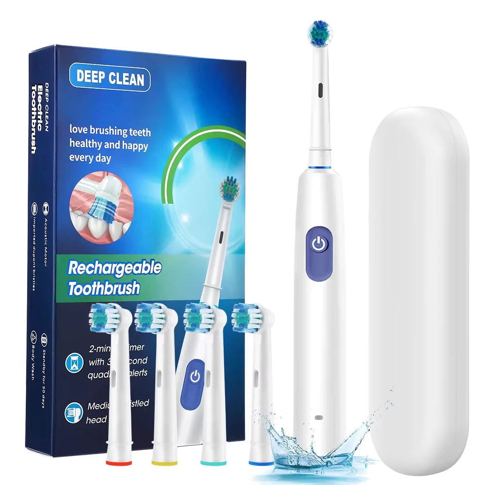 Brosse à Dents Électrique Rotative – Nettoyage Profond, Rechargeable, 8 Têtes Incluses