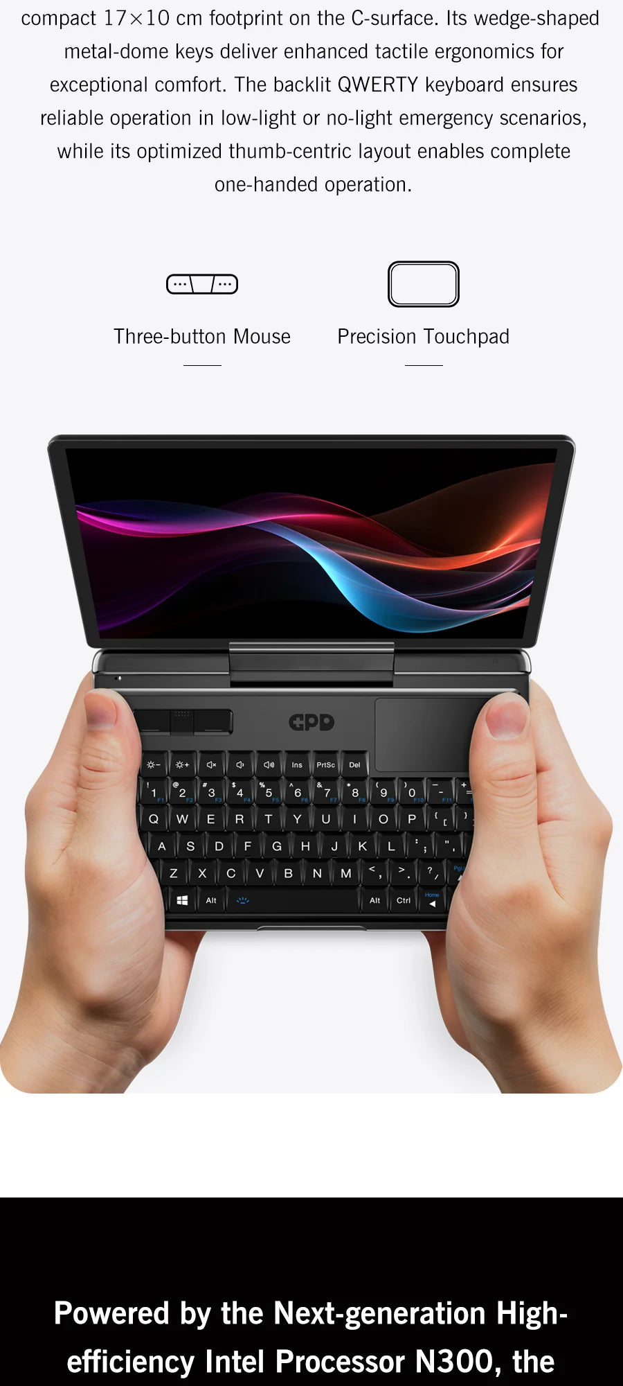 Mini PC Portable GPD MicroPC 2 — Intel Core i3-N350, 16 Go RAM, 512 Go SSD, Écran 7", Windows 11