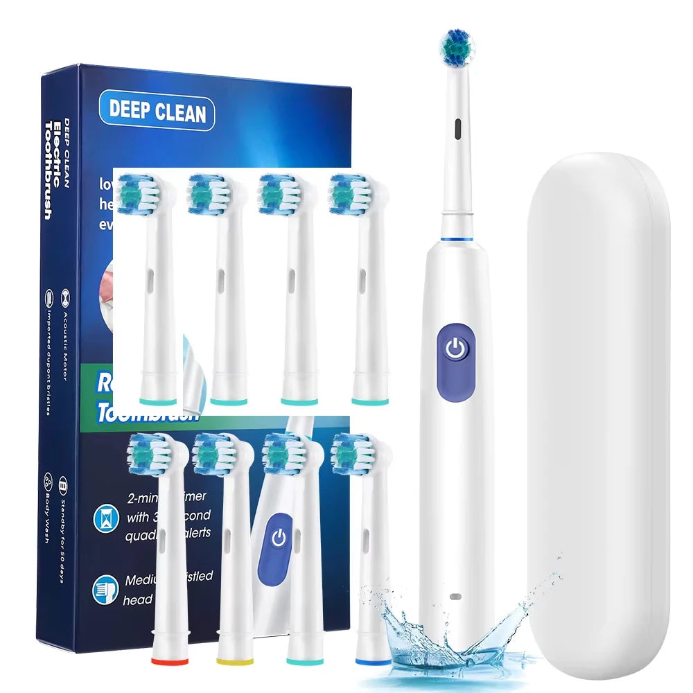 Brosse à Dents Électrique Rotative – Nettoyage Profond, Rechargeable, 8 Têtes Incluses