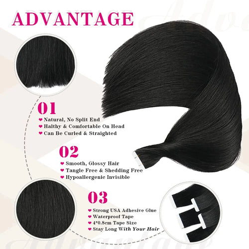 Extensions Tape-In Cheveux Humains Remy Lisse — 20 Pièces Seamless Skin Weft Noir Naturel