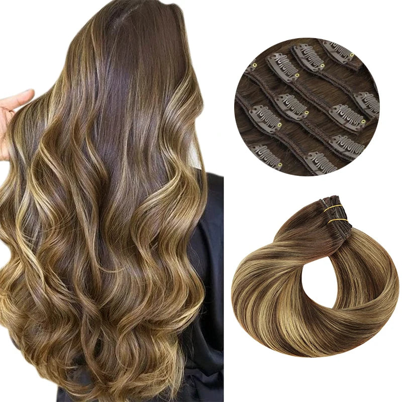 Extensions Clip-In Cheveux Humains Remy — Balayage Brun Naturel, Miel & Ombré 14 à 22 Pouces