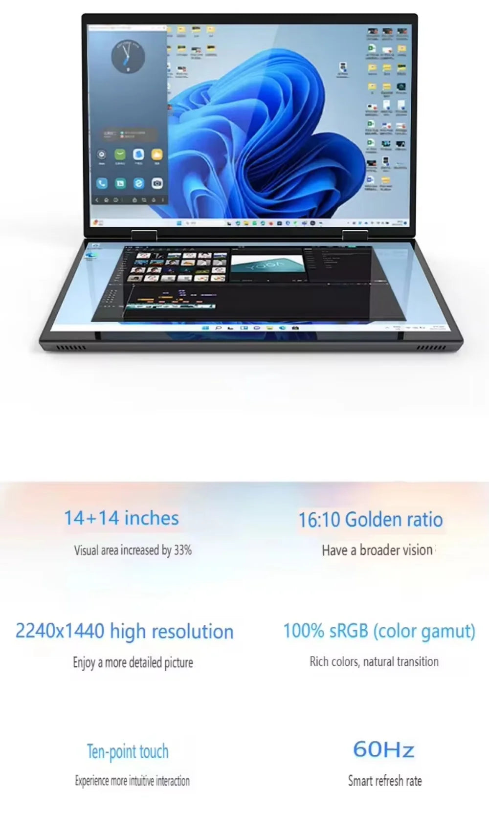 PC Portable Double Écran 14" — Intel N100, 16 Go RAM, 128 Go à 1 To SSD, Écran Tactile, Windows 11