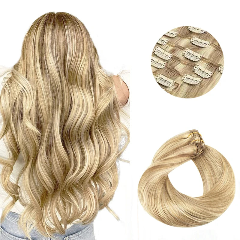 Extensions Clip-In Cheveux Humains Remy — Balayage Brun Naturel, Miel & Ombré 14 à 22 Pouces