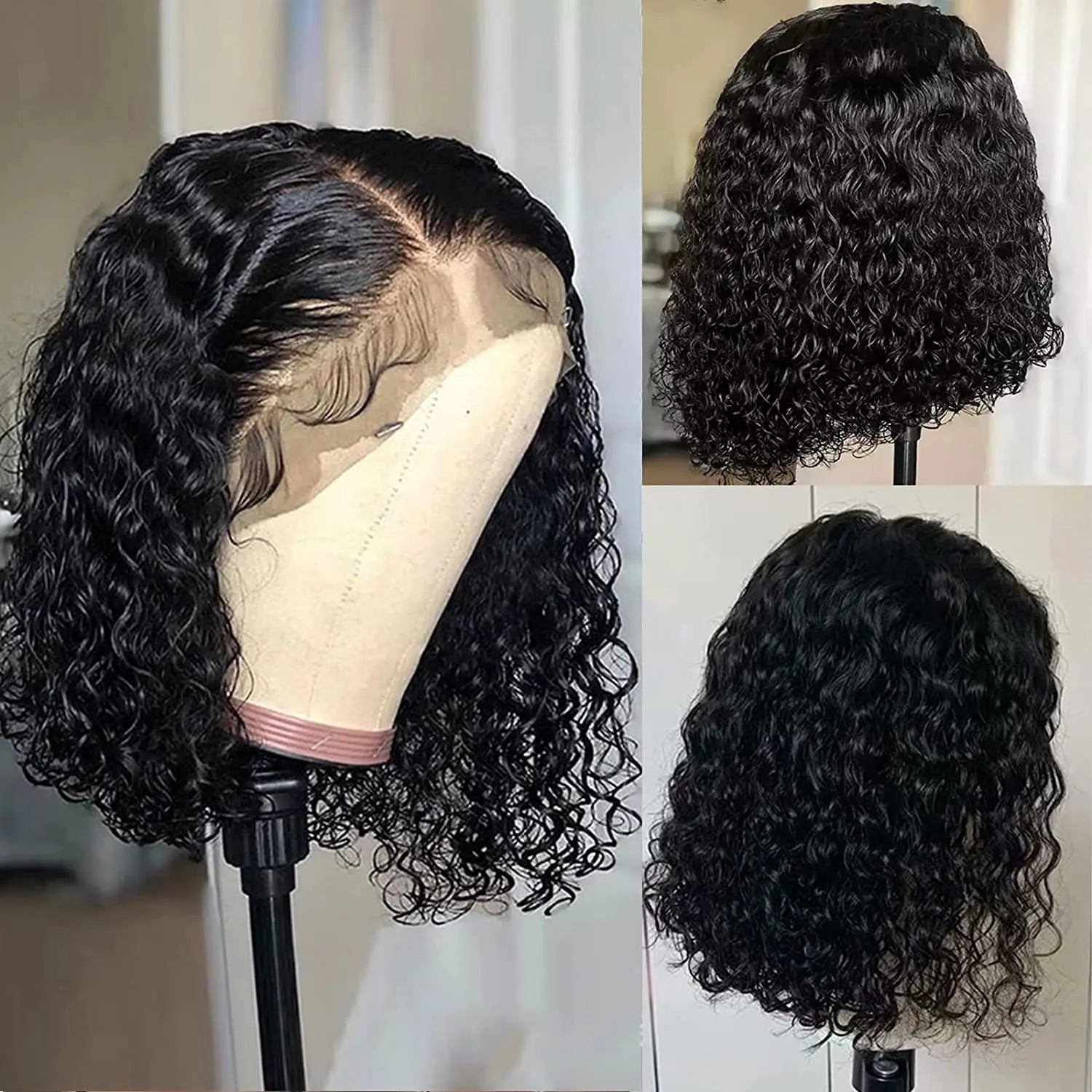 Perruque Bob Courte Deep Wave Curly — T Part Lace HD Cheveux Brésiliens Remy 100% Naturels