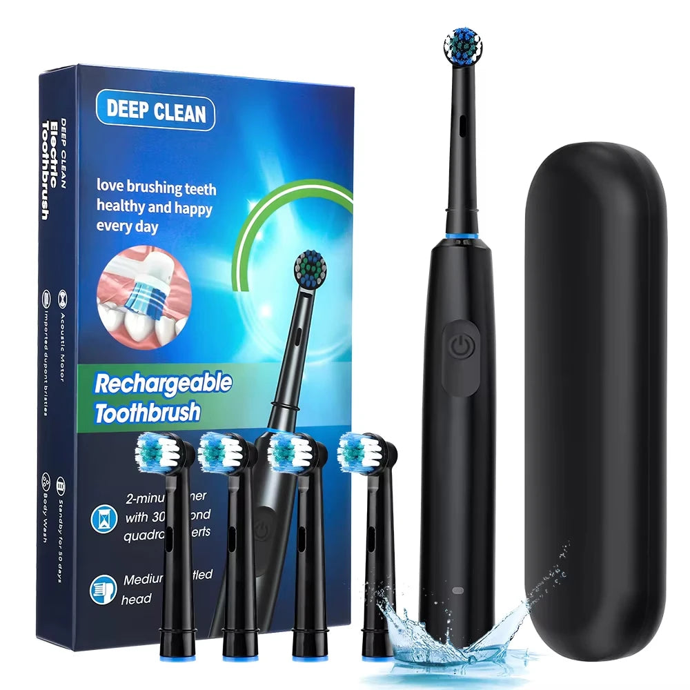 Brosse à Dents Électrique Rotative – Nettoyage Profond, Rechargeable, 8 Têtes Incluses
