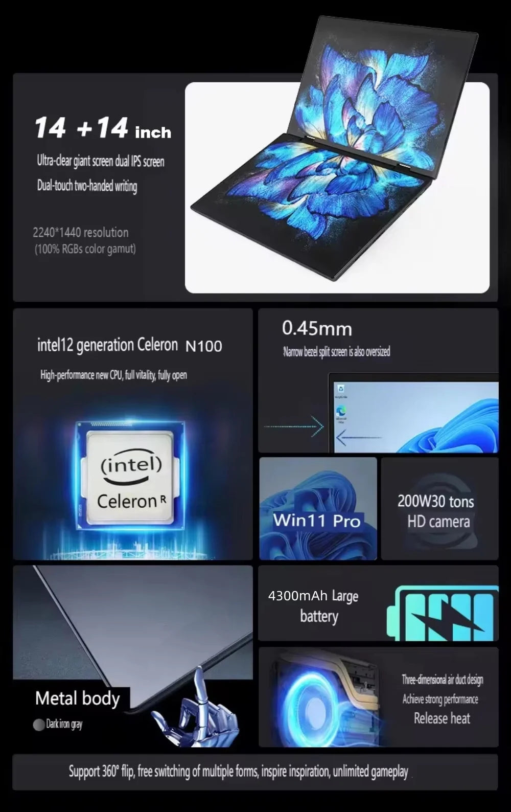 PC Portable Double Écran 14" — Intel N100, 16 Go RAM, 128 Go à 1 To SSD, Écran Tactile, Windows 11