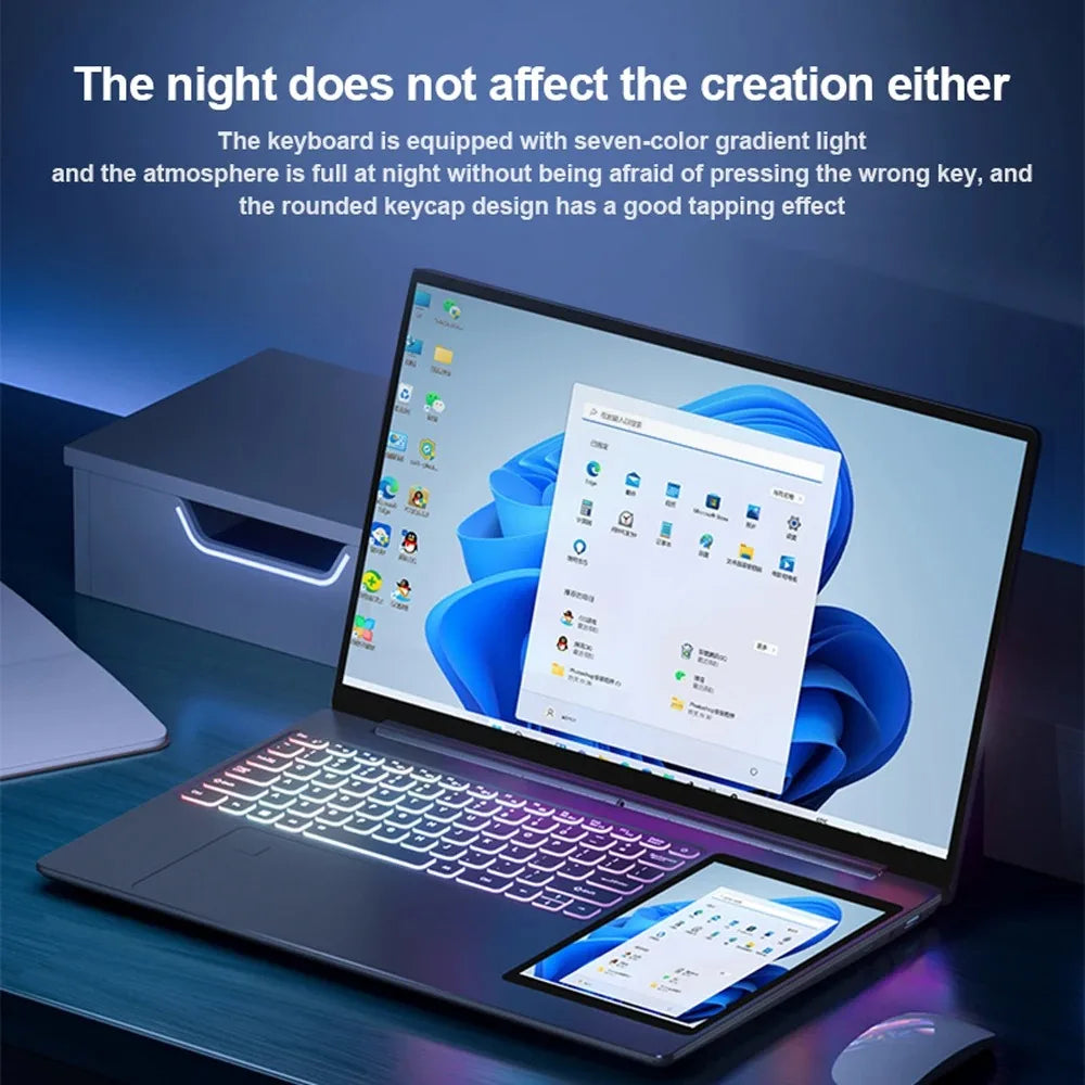 Ordinateur Portable CRELANDER 15.6" Double Écran — Intel N100, 16/32 Go RAM, SSD 1To/2To, Clavier RGB, Windows 11