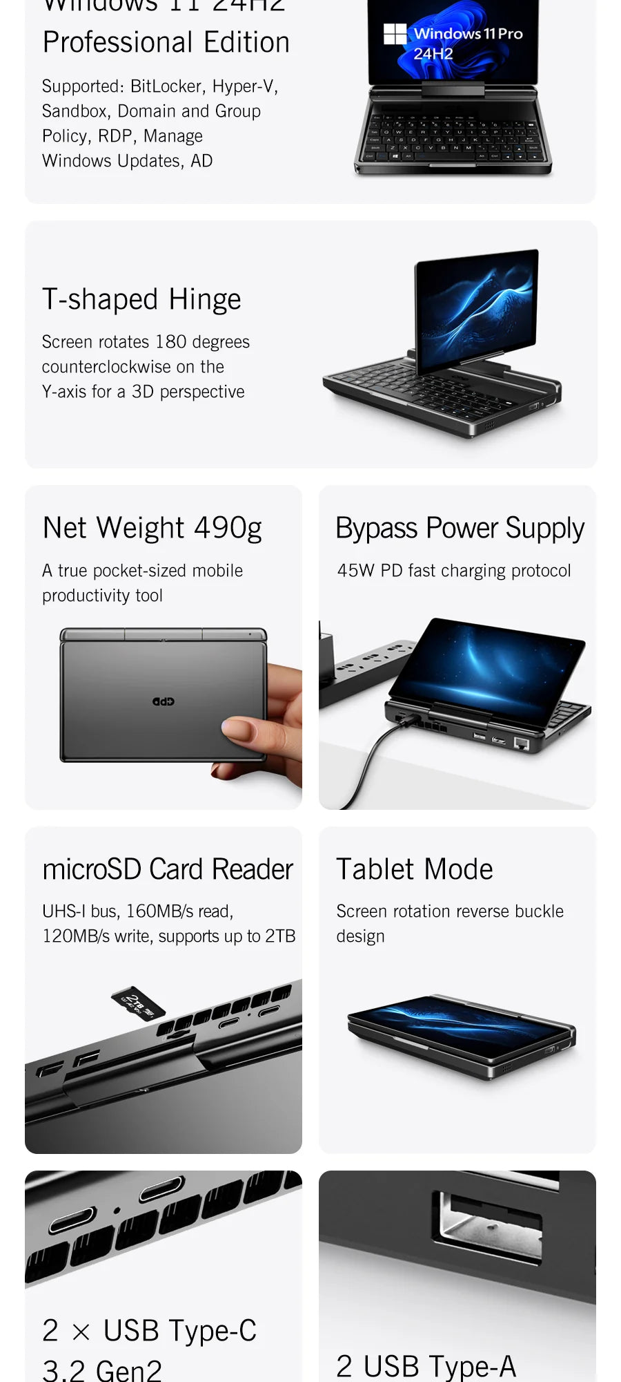 Mini PC Portable GPD MicroPC 2 — Intel Core i3-N350, 16 Go RAM, 512 Go SSD, Écran 7", Windows 11