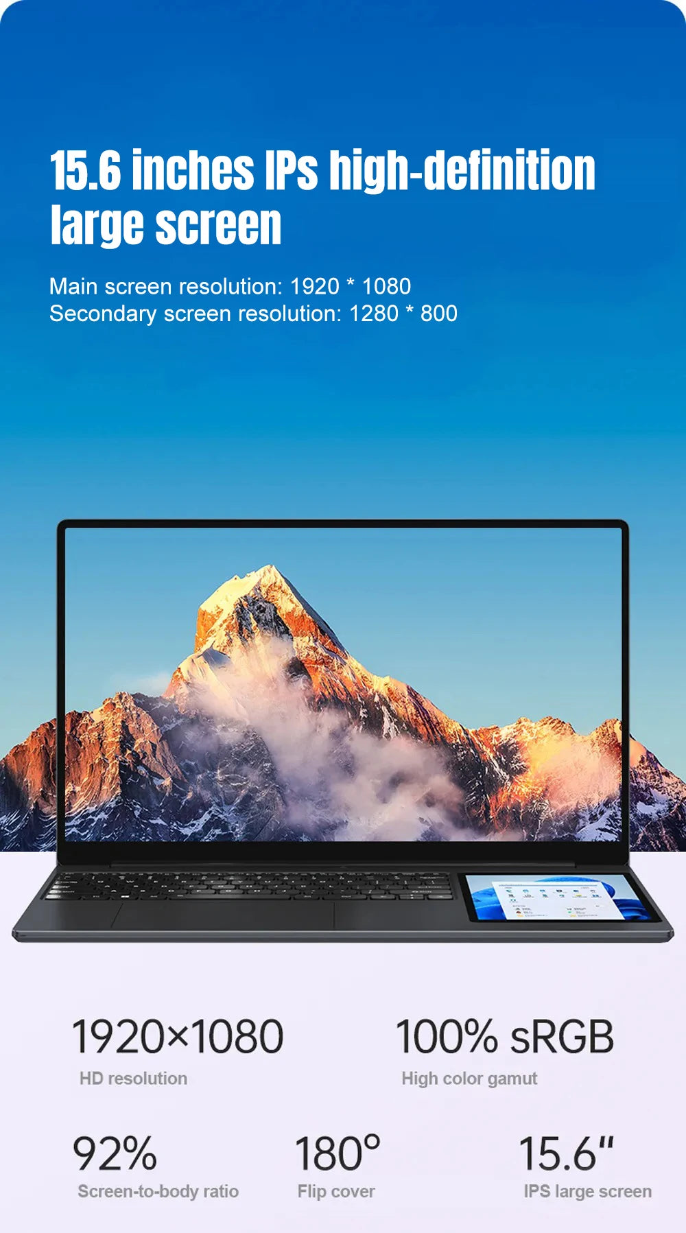 Ordinateur Portable CRELANDER 15.6" Double Écran — Intel N100, 16/32 Go RAM, SSD 1To/2To, Clavier RGB, Windows 11