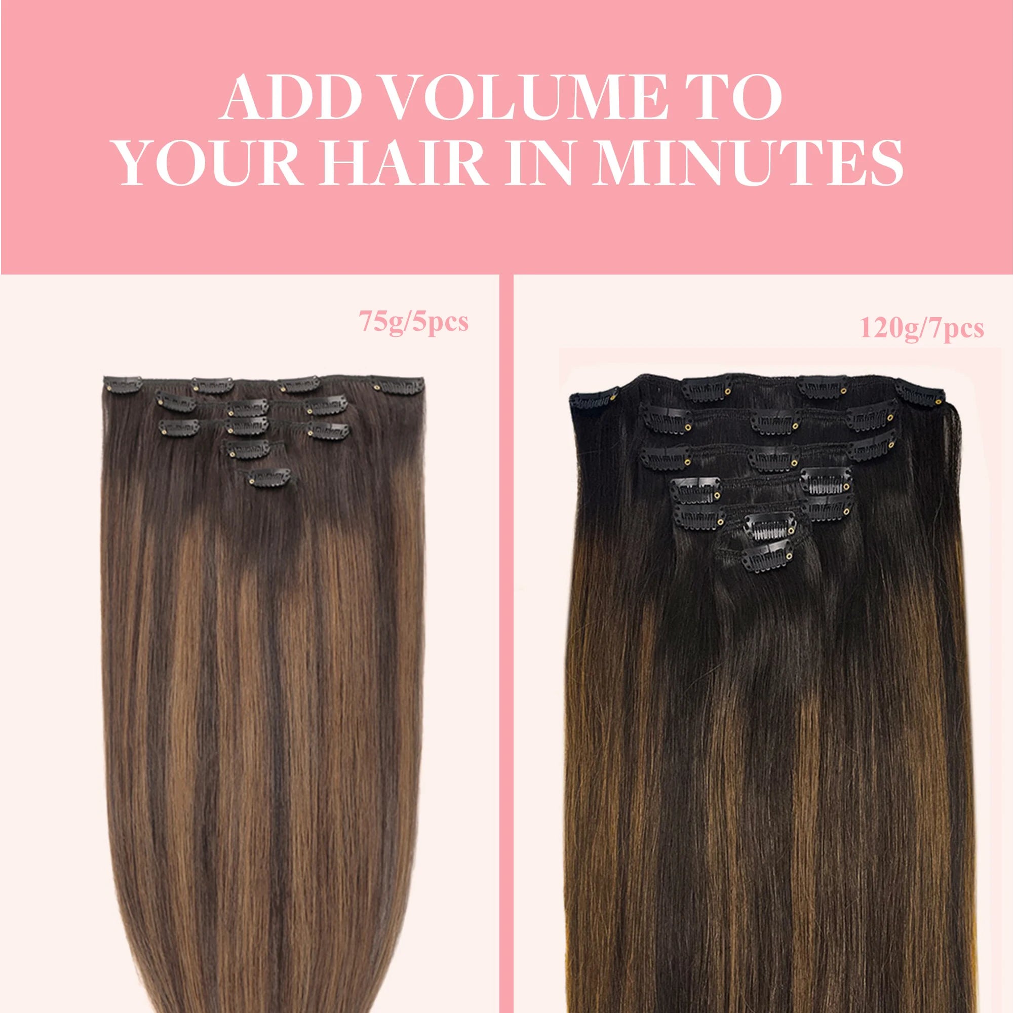 Extensions Clip-In Cheveux Humains Remy — Balayage Brun Naturel, Miel & Ombré 14 à 22 Pouces