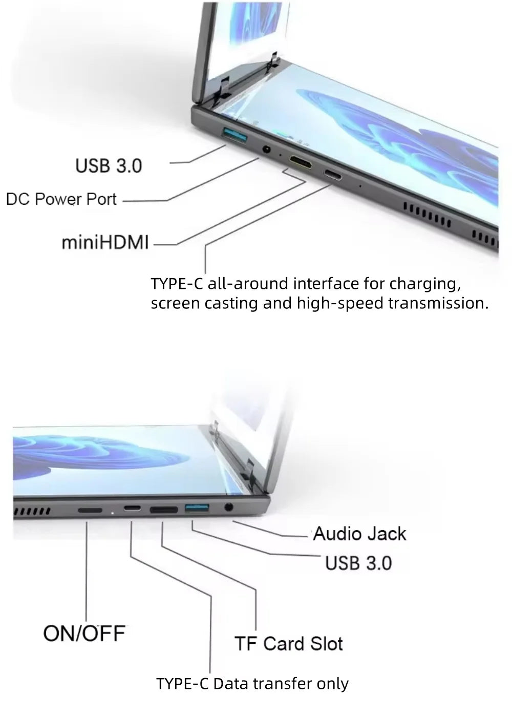 PC Portable Double Écran 14" — Intel N100, 16 Go RAM, 128 Go à 1 To SSD, Écran Tactile, Windows 11