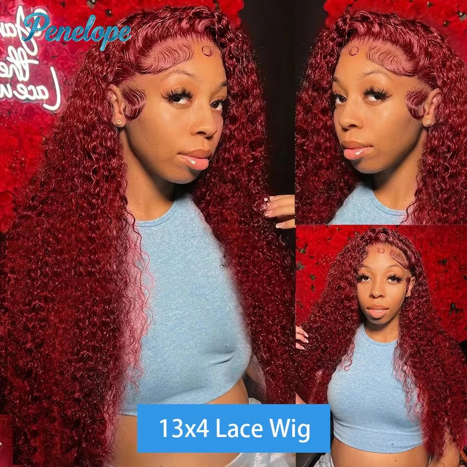 Perruque Deep Wave Bordeaux 99J 200% Sans Colle — Lace Front HD 13x4 Cheveux Brésiliens 30 à 40 Pouces