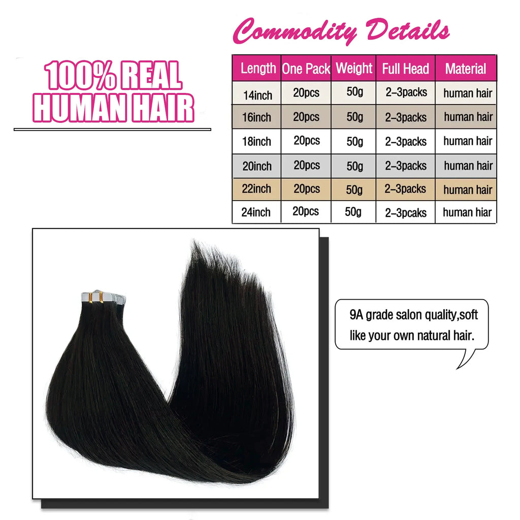 Extensions Tape-In Cheveux Humains Remy Lisse — 20 Pièces Seamless Skin Weft Noir Naturel