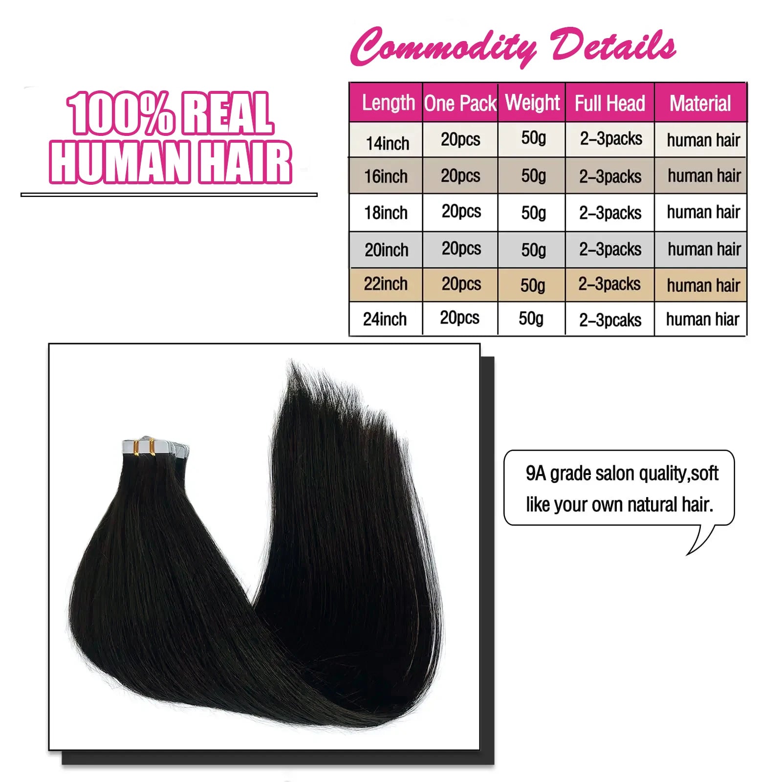 Extensions Tape-In Cheveux Humains Remy Lisse — 20 Pièces Seamless Skin Weft Noir Naturel