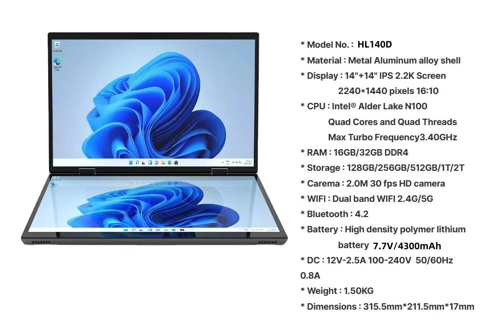 PC Portable Double Écran 14" — Intel N100, 16 Go RAM, 128 Go à 1 To SSD, Écran Tactile, Windows 11