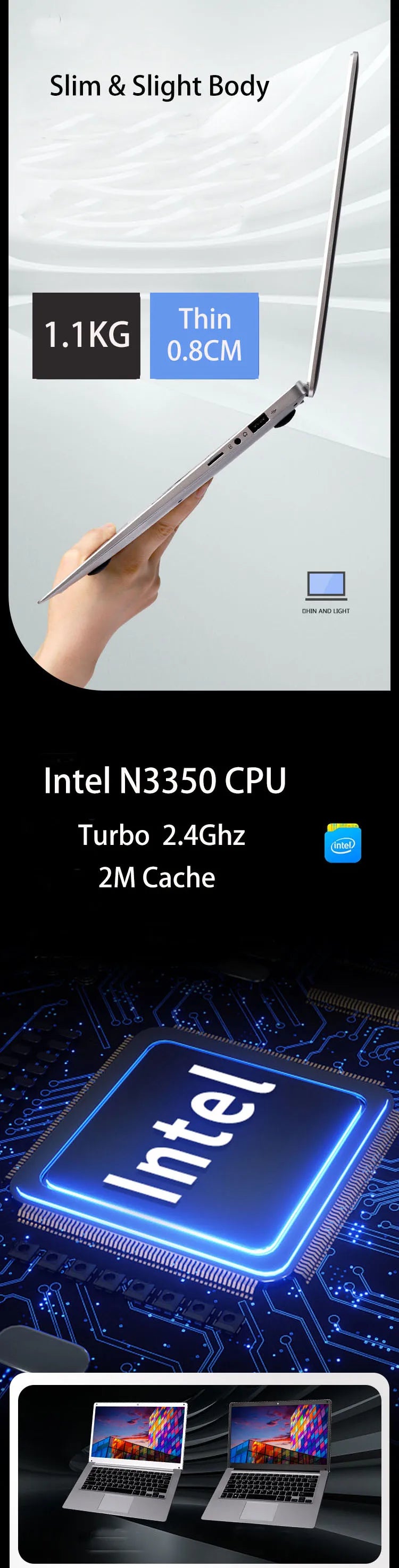 Ordinateur Portable Étudiant GMOLO 14" — Intel Celeron N3350, 4/6 Go RAM, SSD 64Goà 512Go, WiFi, Bluetooth, Windows 10
