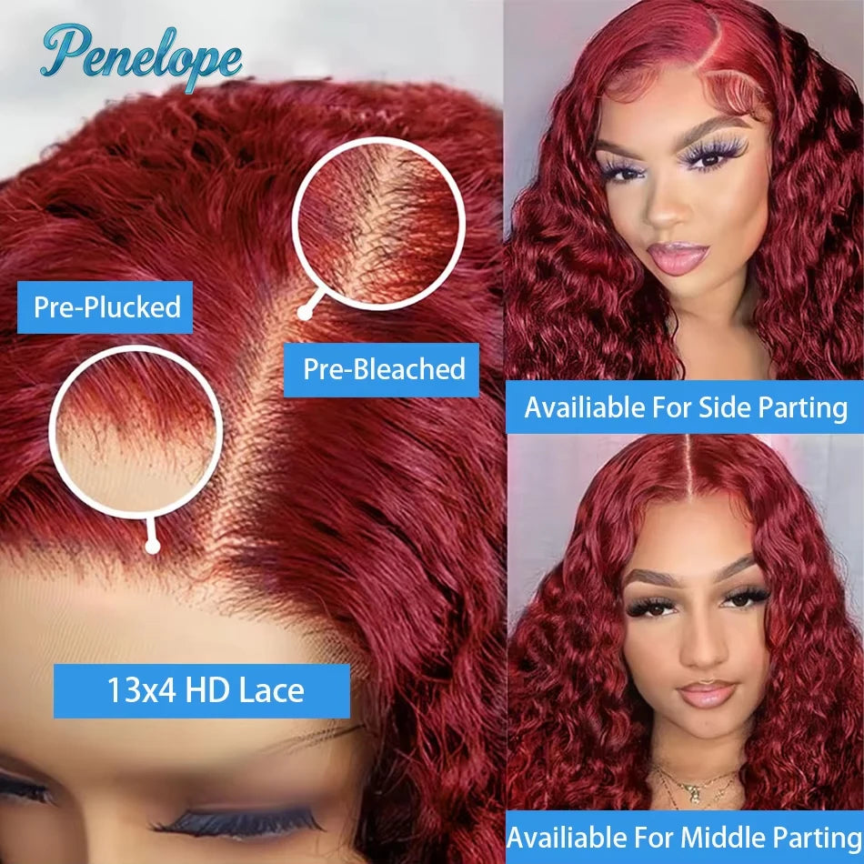 Perruque Deep Wave Bordeaux 99J 200% Sans Colle — Lace Front HD 13x4 Cheveux Brésiliens 30 à 40 Pouces