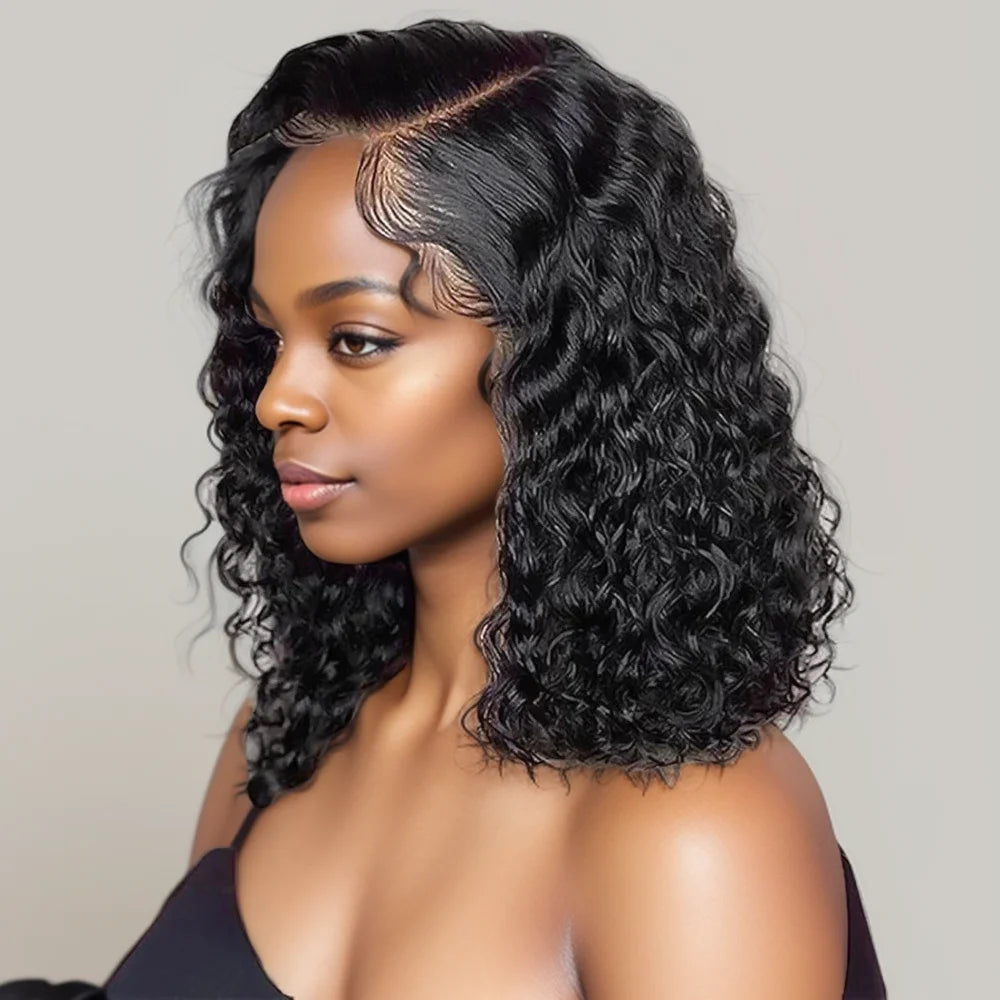 Perruque Bob Courte Deep Wave Curly — T Part Lace HD Cheveux Brésiliens Remy 100% Naturels