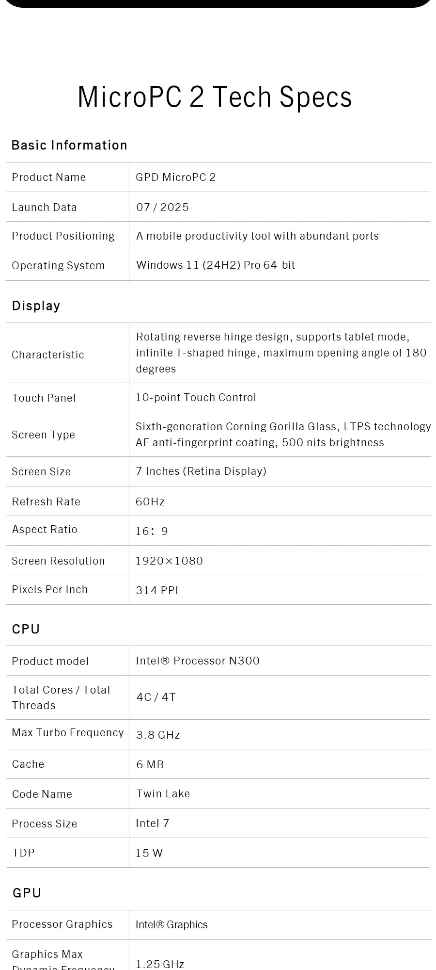 Mini PC Portable GPD MicroPC 2 — Intel Core i3-N350, 16 Go RAM, 512 Go SSD, Écran 7", Windows 11